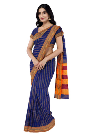 Handloom Pure Cotton Silk Diamond Star Zari Border Saree - Navy Blue