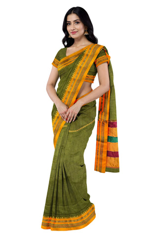 Handloom Pure Cotton Silk Satin Skirt Border Saree - Green