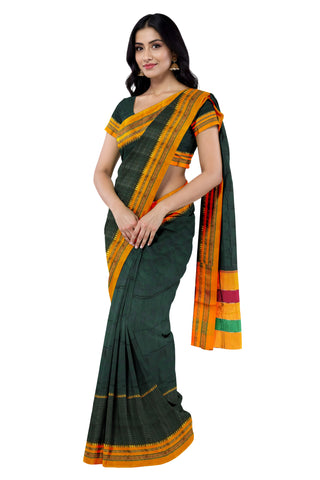 Handloom Pure Cotton Silk Satin Skirt Border Saree - Dark Green