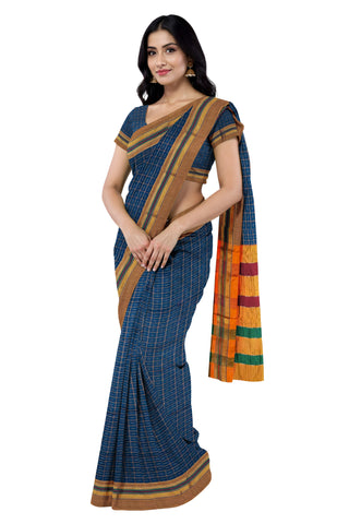 Handloom Pure Cotton Half Inch Box Star Saree - Blue