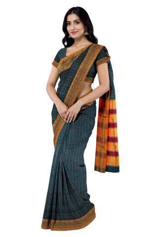 Handloom Pure Cotton Half Inch Box Star Saree - Dark Green