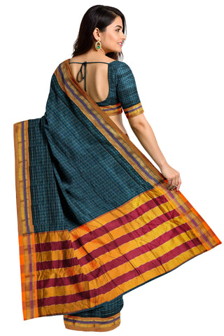 Handloom Cotton Silk Star Pattern Zeri Border Saree - Dark Green
