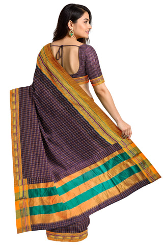 Handloom Pure Cotton Silk Diamond Star Zari Border Saree - Dark Purple
