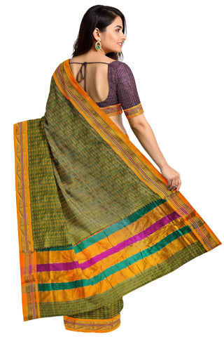 Handloom Pure Cotton Silk Diamond Star Zari Border - Green