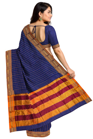 Handloom Pure Cotton Silk Diamond Star Zari Border Saree - Navy Blue