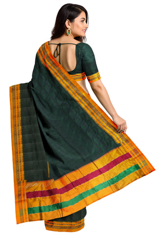 Handloom Pure Cotton Silk Satin Skirt Border Saree - Dark Green