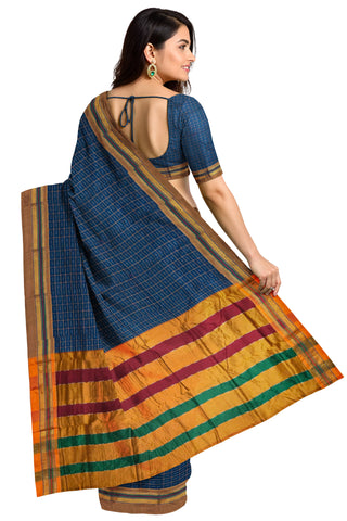 Handloom Pure Cotton Half Inch Box Star Saree - Blue