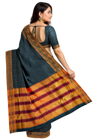 Handloom Pure Cotton Half Inch Box Star Saree - Dark Green