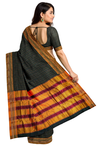 Handloom Pure Cotton Half Inch Box Star Saree - Dark Grey