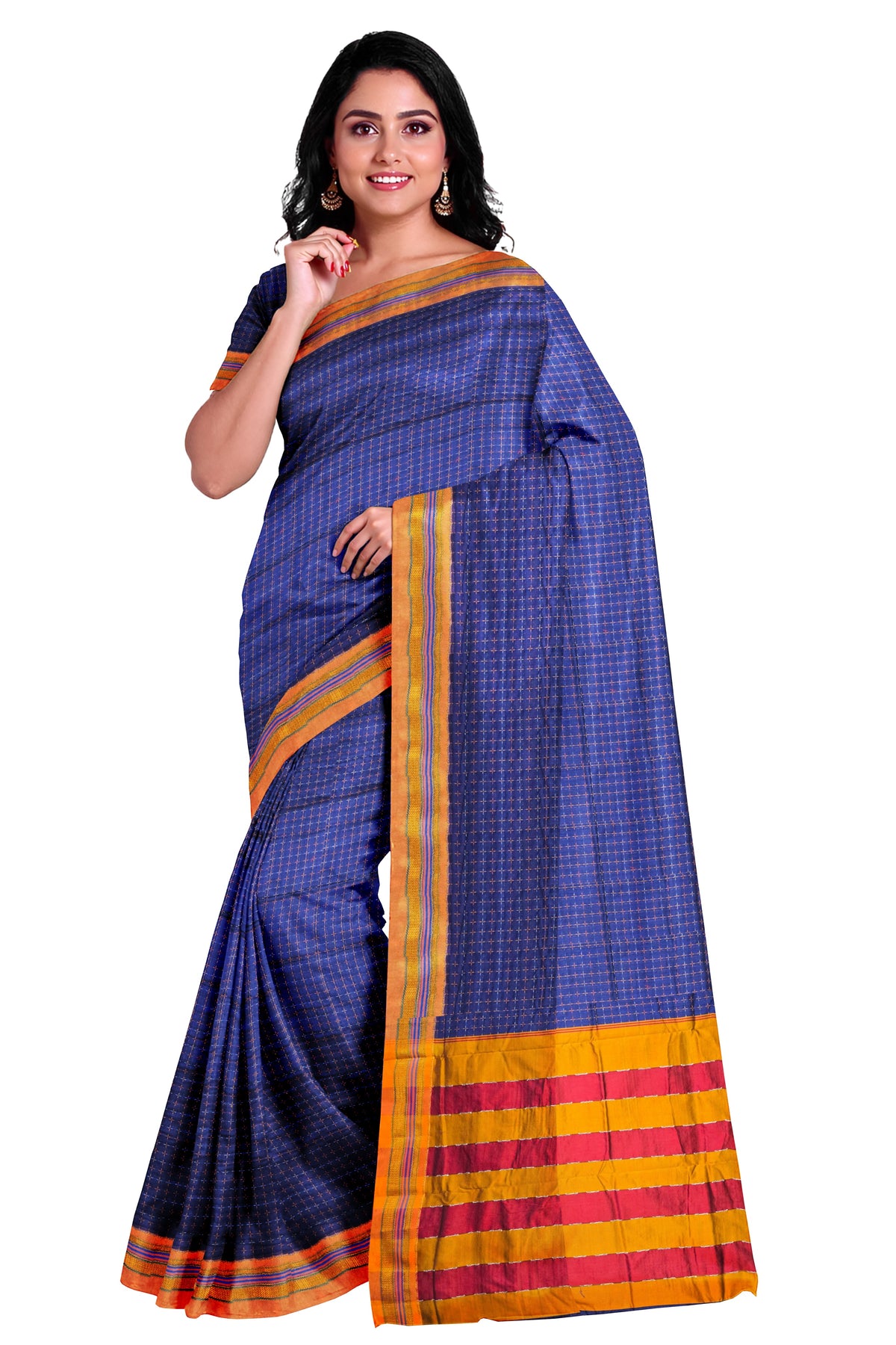 Handloom Cotton Silk Star Pattern Zeri Border Saree - Royal Blue