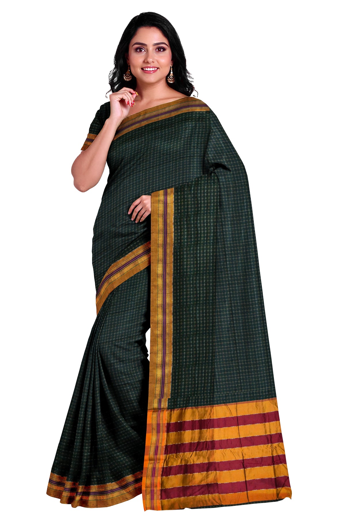 Handloom Cotton Silk Star Pattern Zeri Border Saree - Dark Teal