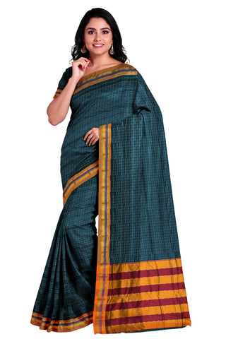 Handloom Cotton Silk Star Pattern Zeri Border Saree - Dark Green