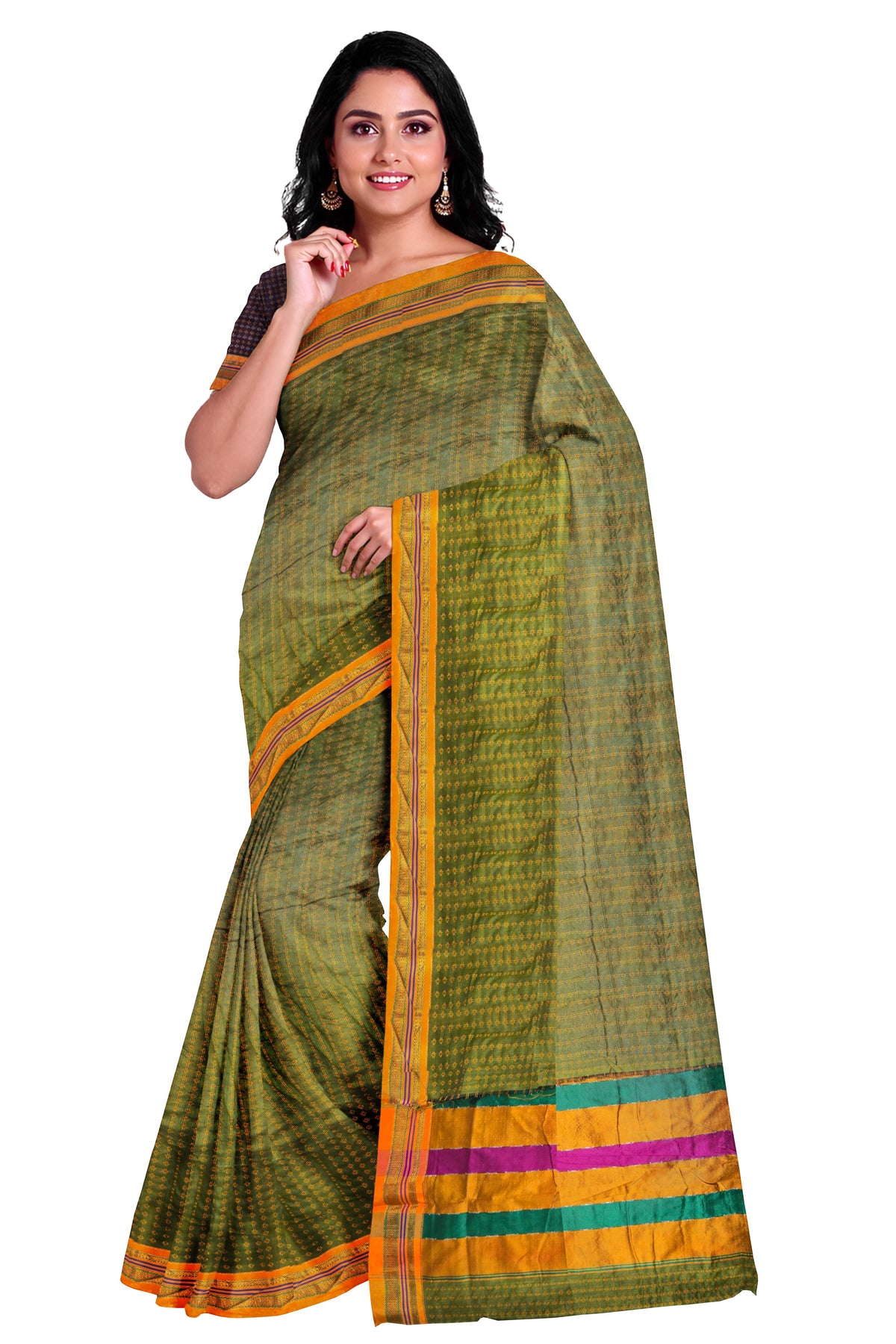 Handloom Pure Cotton Silk Diamond Star Zari Border - Green