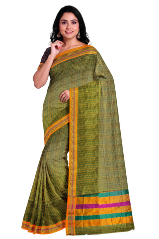 Handloom Pure Cotton Silk Diamond Star Zari Border - Green