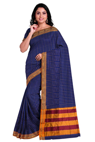 Handloom Pure Cotton Silk Diamond Star Zari Border Saree - Navy Blue