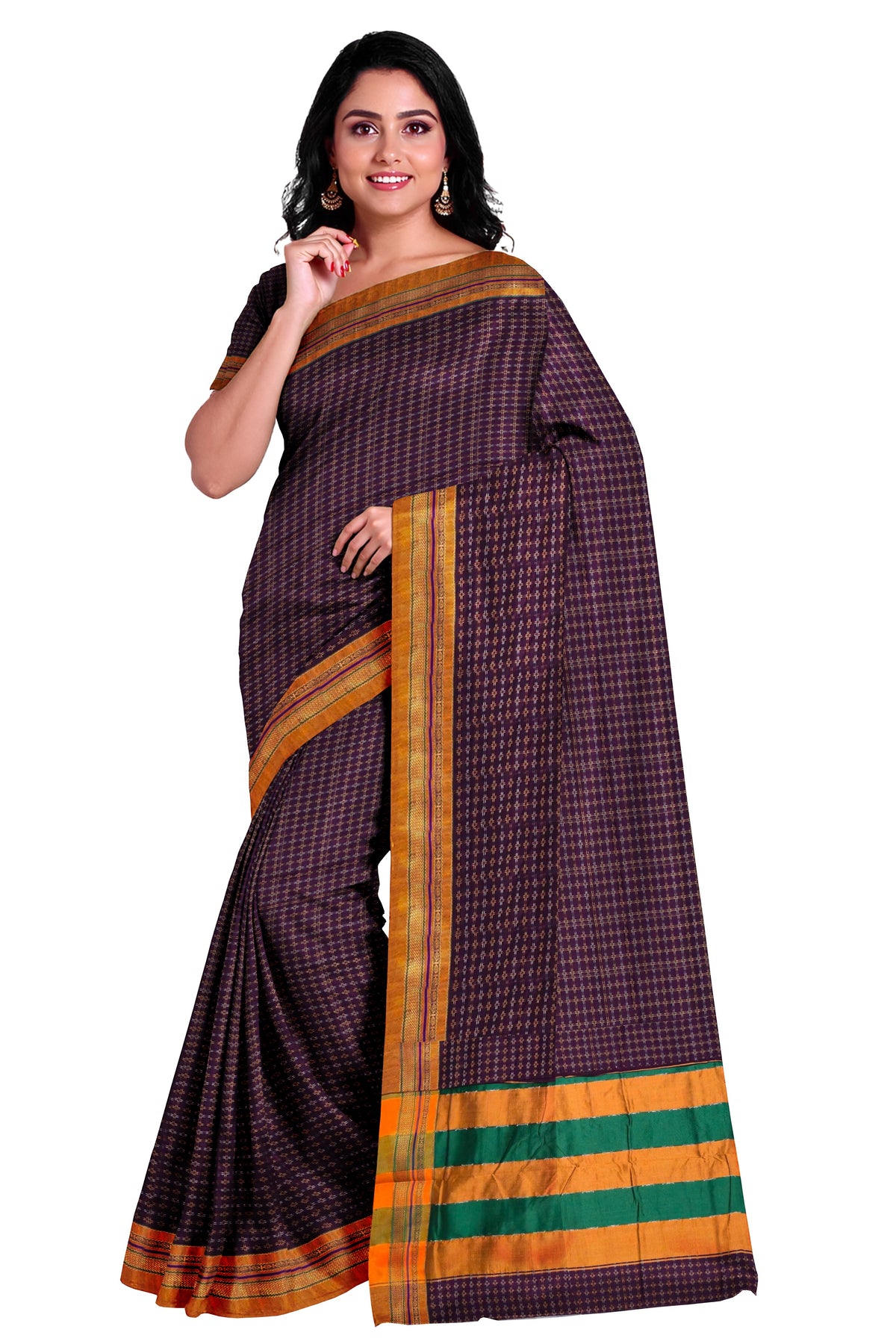 Handloom Pure Cotton Silk Diamond Star Zari Border Saree - Maroon