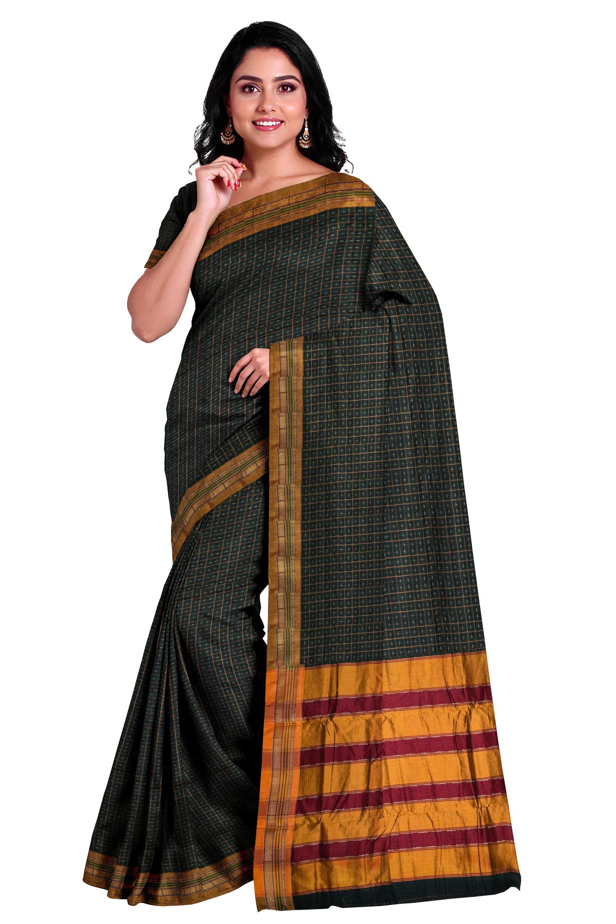Handloom Pure Cotton Half Inch Box Star Saree - Dark Grey