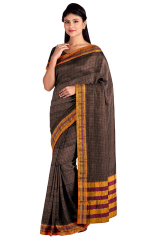 Handloom Cotton Silk Star Pattern Zeri Border Saree - Brown