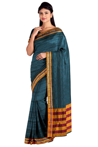 Handloom Cotton Silk Star Pattern Zeri Border Saree - Dark Green