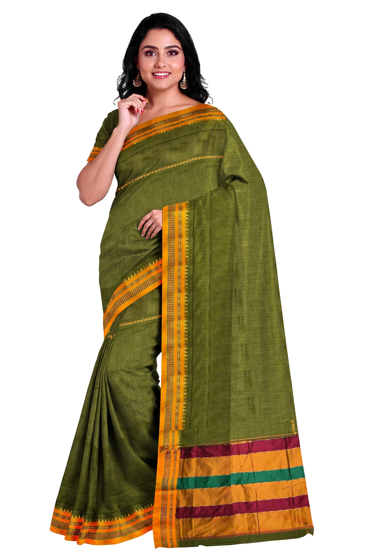 Handloom Pure Cotton Silk Satin Skirt Border Saree - Green