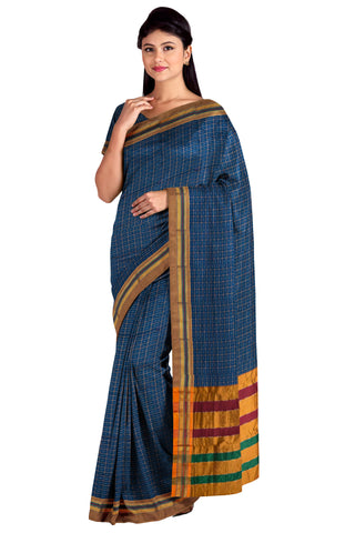 Handloom Pure Cotton Half Inch Box Star Saree - Blue
