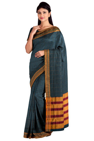 Handloom Pure Cotton Half Inch Box Star Saree - Dark Green