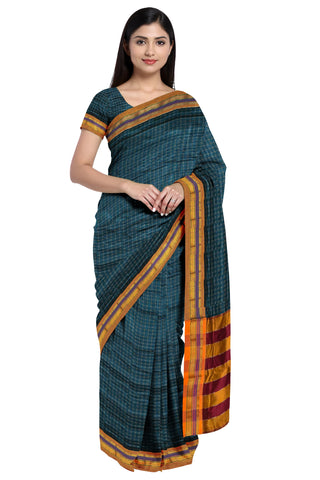 Handloom Cotton Silk Star Pattern Zeri Border Saree - Dark Green