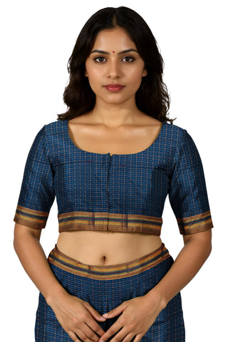 Handloom Pure Cotton Half Inch Box Star Saree - Blue