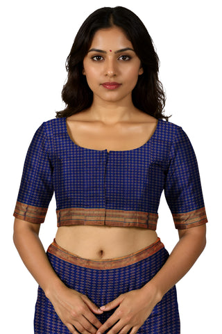Handloom Pure Cotton Silk Diamond Star Zari Border Saree - Navy Blue