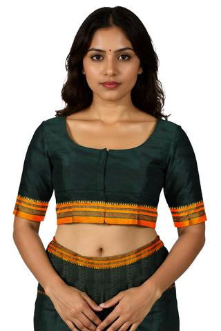 Handloom Pure Cotton Silk Satin Skirt Border Saree - Dark Green