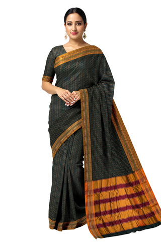 Handloom Pure Cotton Half Inch Box Star Saree - Dark Grey