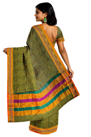 Handloom Pure Cotton Silk Diamond Star Zari Border - Green