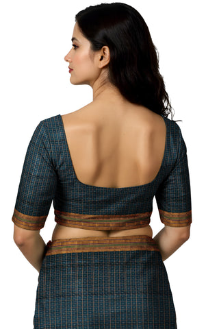 Handloom Pure Cotton Half Inch Box Star Saree - Dark Green