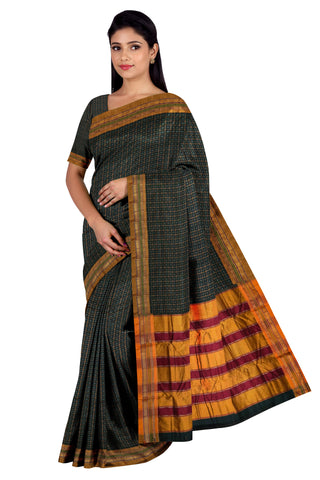 Handloom Pure Cotton Half Inch Box Star Saree - Dark Grey